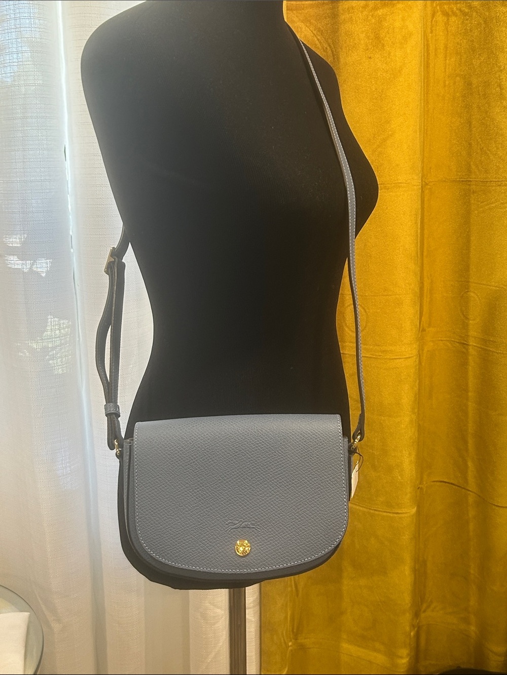 Longchamp Dusty Blue Pebbled Leather Crossbody with Gold Button
